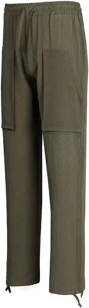Men's Linen Pants Cargo Casual Pants Drawstring Elastic Waist Tapered Slacks Summer Beach Trousers with Multi Pockets