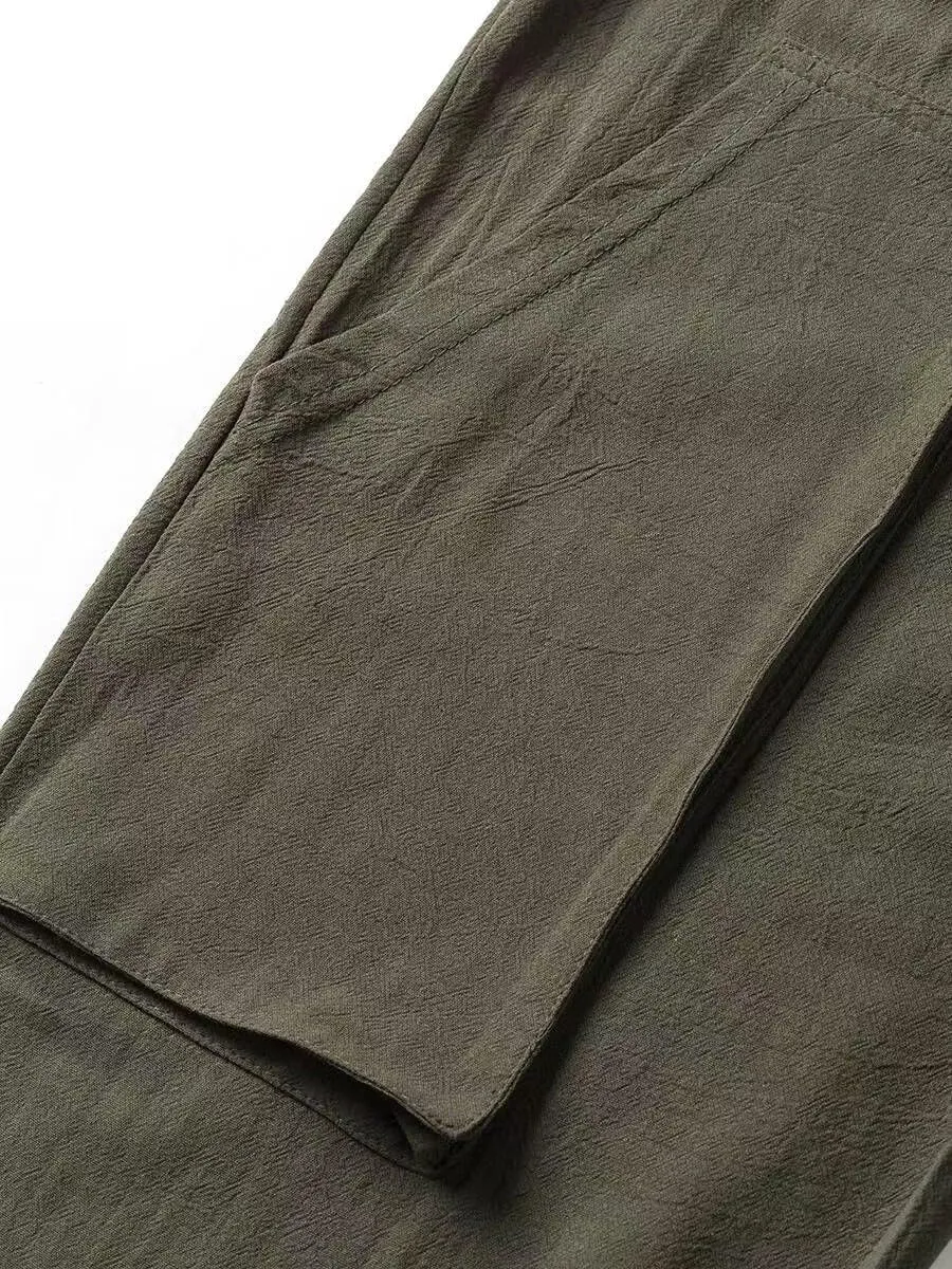 Men's Linen Pants Cargo Casual Pants Drawstring Elastic Waist Tapered Slacks Summer Beach Trousers with Multi Pockets