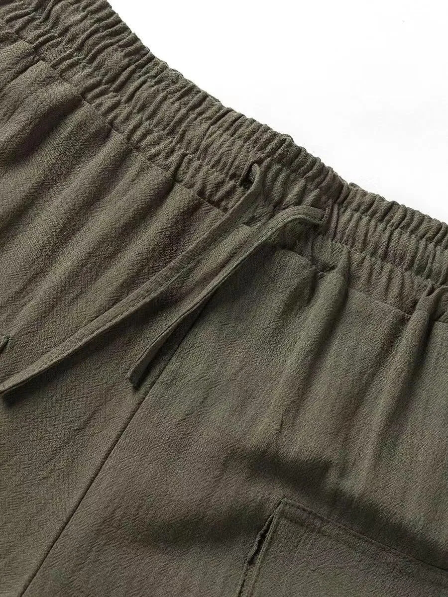 Men's Linen Pants Cargo Casual Pants Drawstring Elastic Waist Tapered Slacks Summer Beach Trousers with Multi Pockets