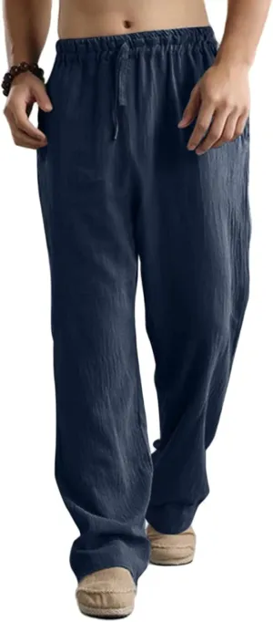 Men's Linen Pants Casual Elastic Waist Drawstring Trousers Summer Yoga Beach Pants Loose Breathable Sweatpants