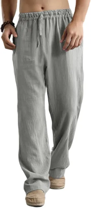 Men's Linen Pants Casual Elastic Waist Drawstring Trousers Summer Yoga Beach Pants Loose Breathable Sweatpants
