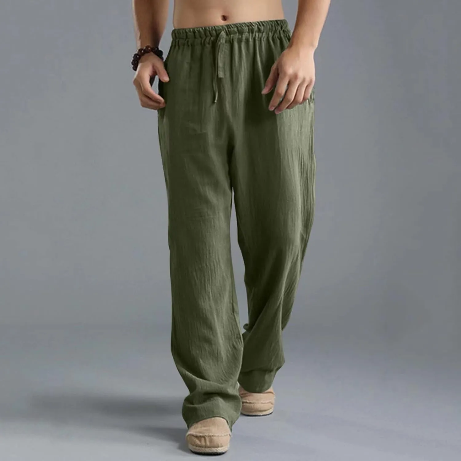 Men's Linen Pants Casual Elastic Waist Drawstring Trousers Summer Yoga Beach Pants Loose Breathable Sweatpants