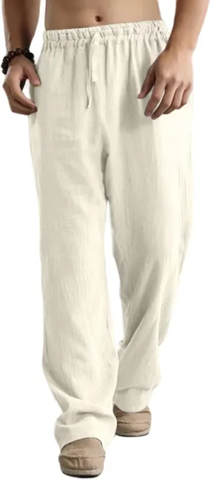 Men's Linen Pants Casual Elastic Waist Drawstring Trousers Summer Yoga Beach Pants Loose Breathable Sweatpants