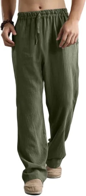 Men's Linen Pants Casual Elastic Waist Drawstring Trousers Summer Yoga Beach Pants Loose Breathable Sweatpants