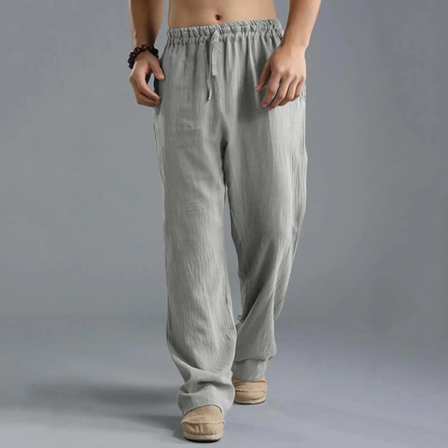 Men's Linen Pants Casual Elastic Waist Drawstring Trousers Summer Yoga Beach Pants Loose Breathable Sweatpants