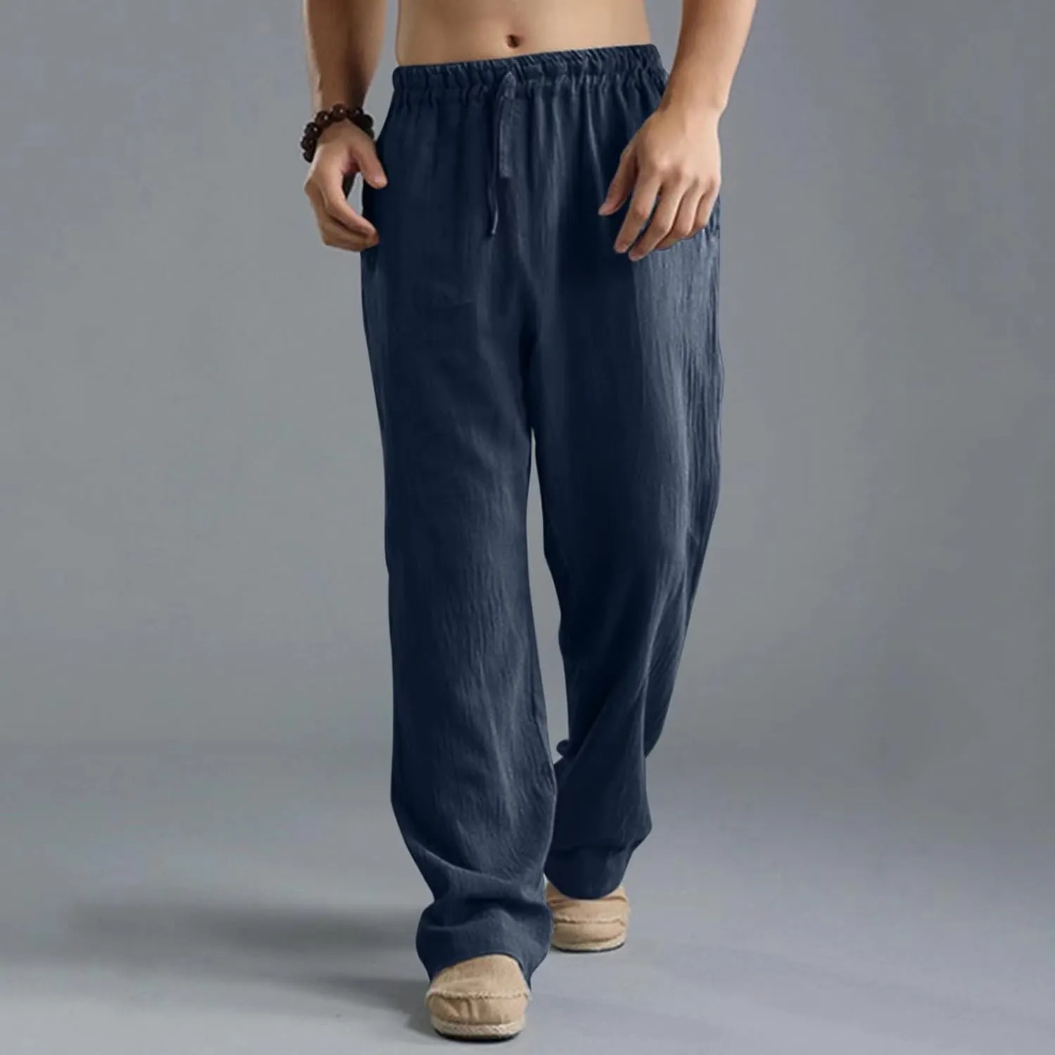 Men's Linen Pants Casual Elastic Waist Drawstring Trousers Summer Yoga Beach Pants Loose Breathable Sweatpants