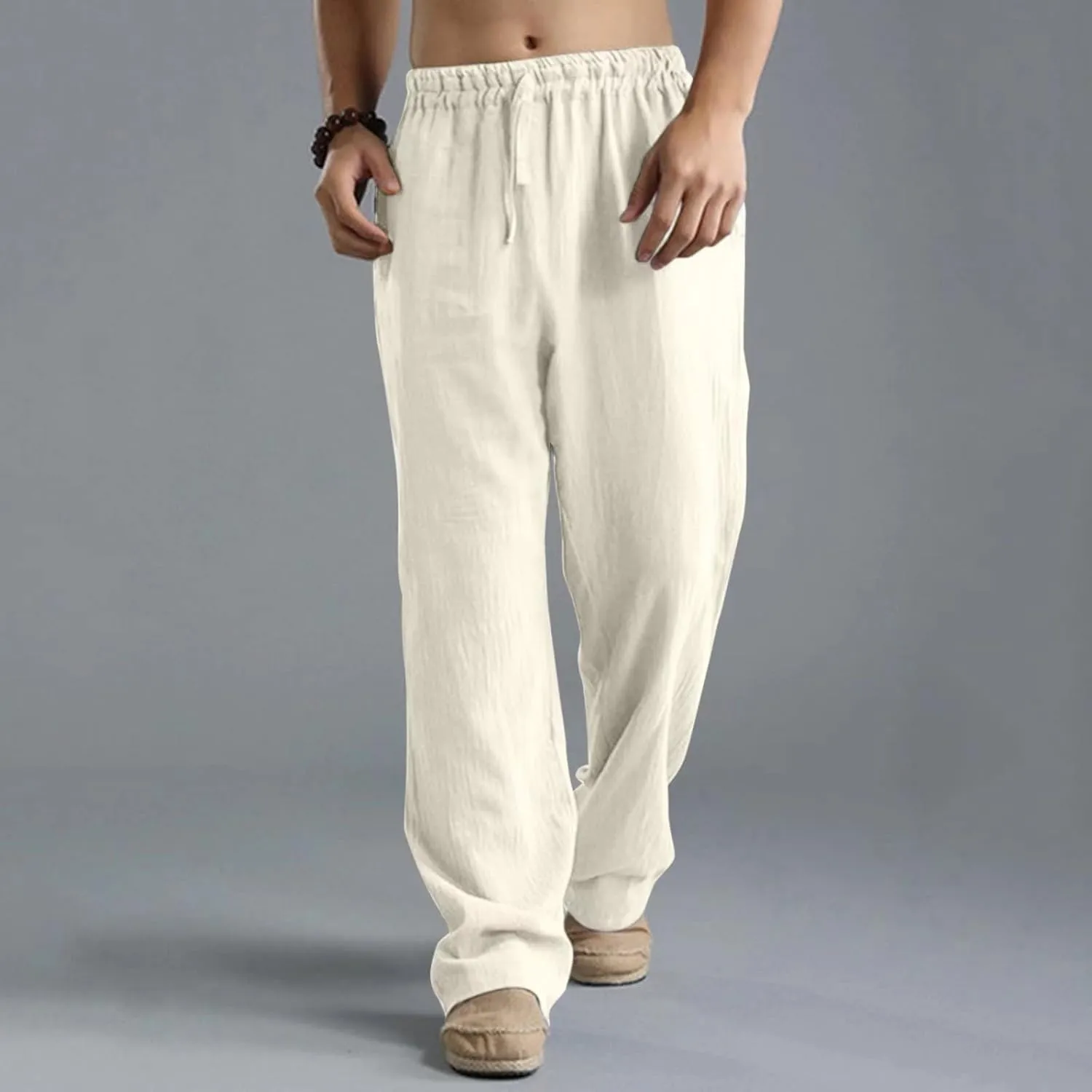Men's Linen Pants Casual Elastic Waist Drawstring Trousers Summer Yoga Beach Pants Loose Breathable Sweatpants