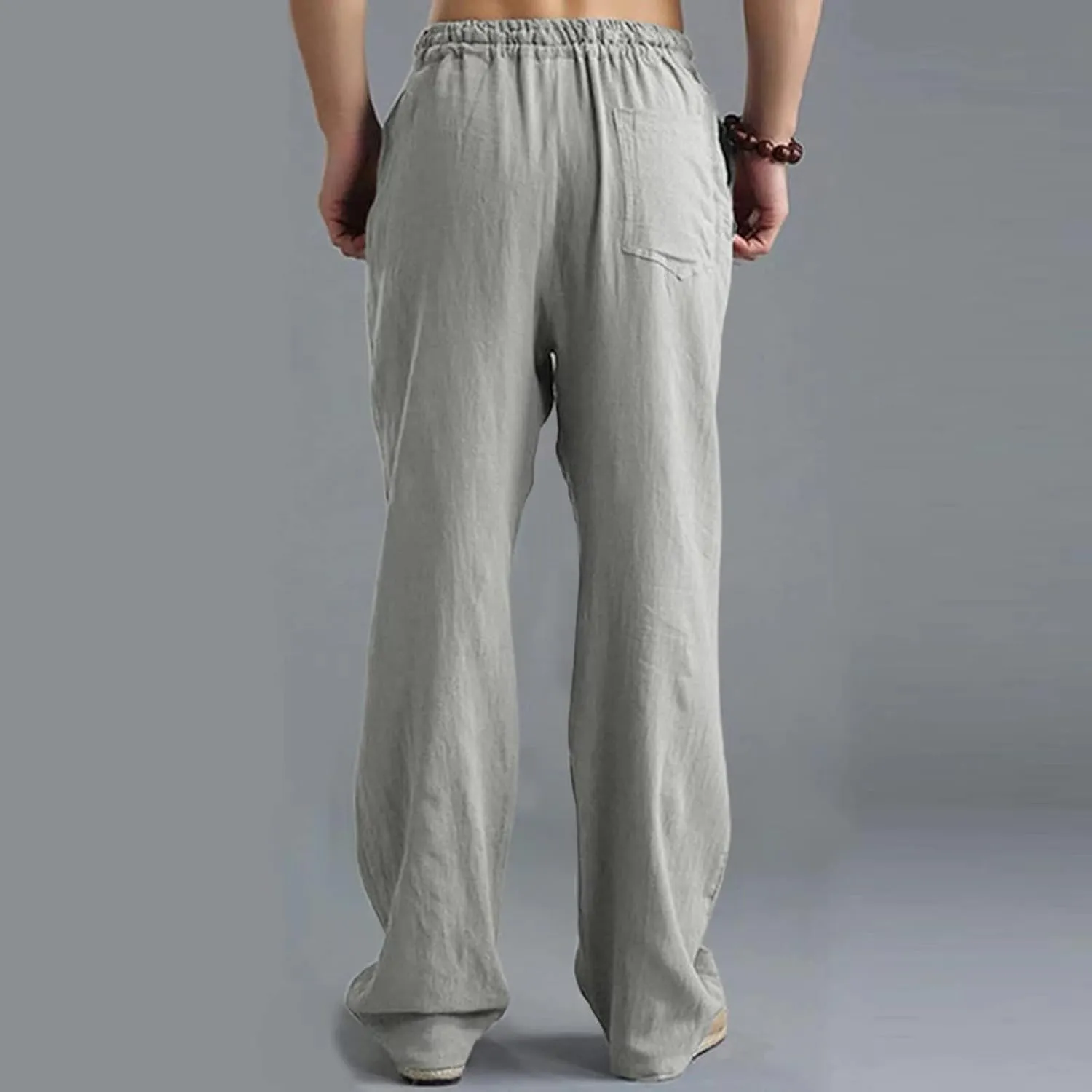 Men's Linen Pants Casual Elastic Waist Drawstring Trousers Summer Yoga Beach Pants Loose Breathable Sweatpants
