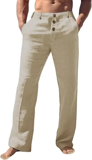 Mens Linen Pants Elastic Waist Casual Loose Trendy Lightweight Breathable Solid Trousers Beach Party Yoga Chino Pants