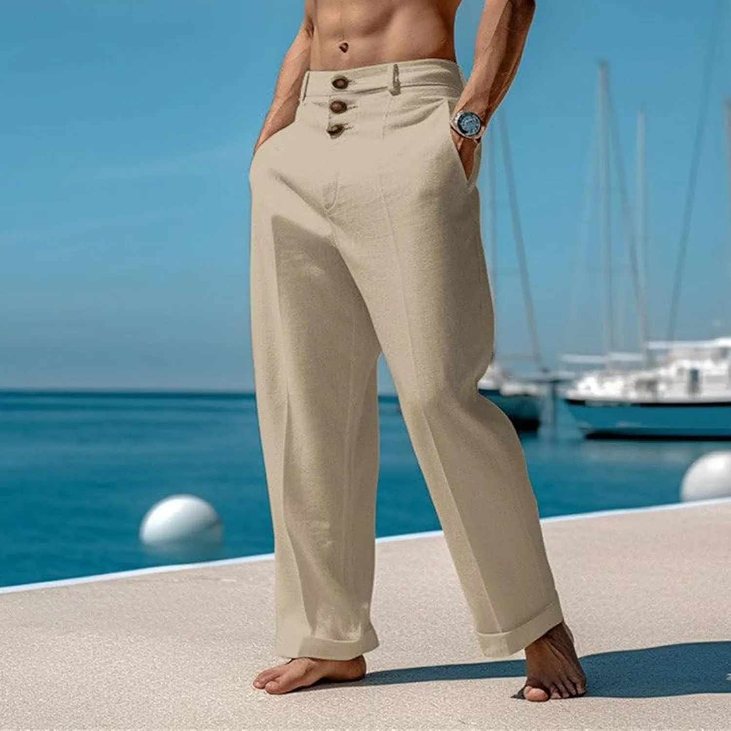 Mens Linen Pants Elastic Waist Casual Loose Trendy Lightweight Breathable Solid Trousers Beach Party Yoga Chino Pants