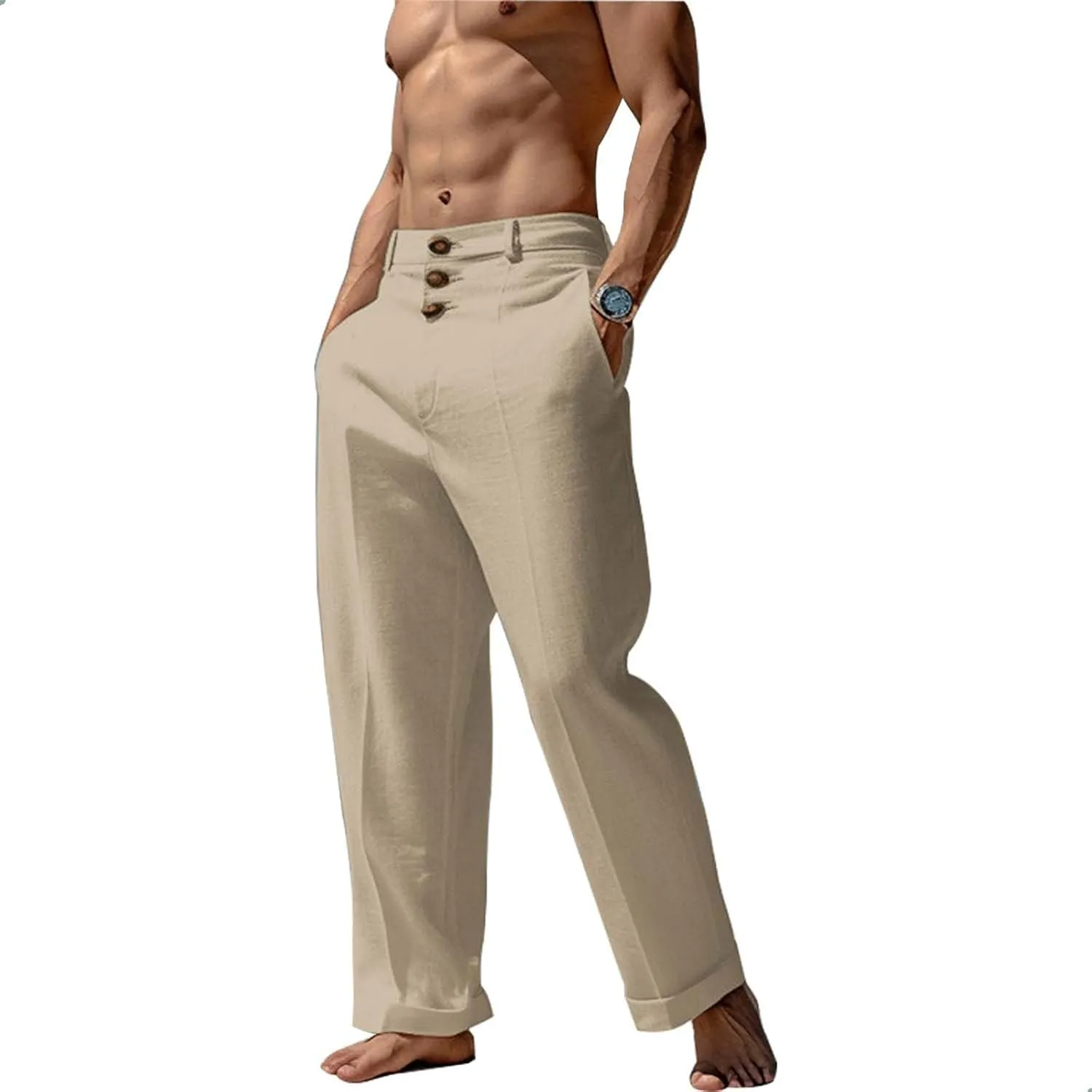 Mens Linen Pants Elastic Waist Casual Loose Trendy Lightweight Breathable Solid Trousers Beach Party Yoga Chino Pants