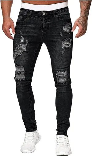 Men's Ripped Pants Distressed Destroyed Jeans Slim Fit Leg Skinny Stretch Denim Pants