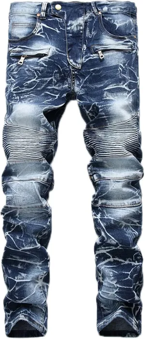 Men's Slim Fit Ripped Jeans Straight Leg Distressed Holes Denim Pants Stretch Skinny Vintage Patchwork Jeans Trousers Blue