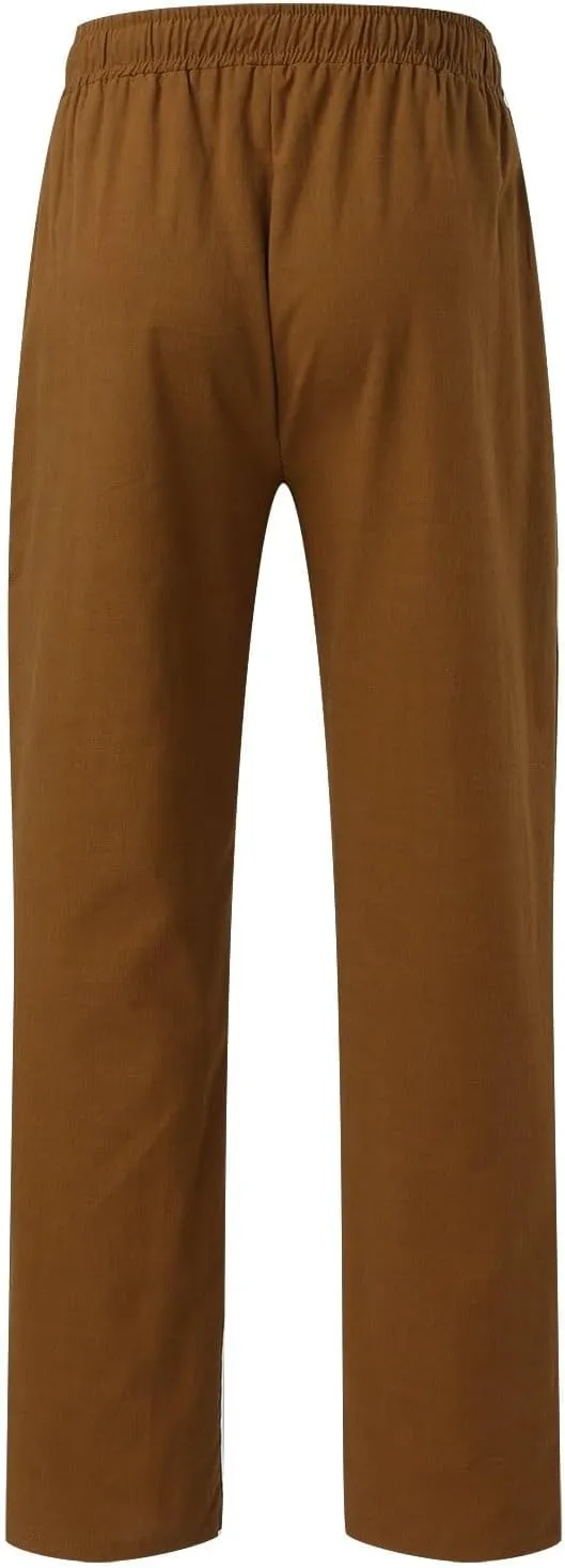 Men's Slim-Fit Slacks Drawstring Linen Pants Drawstring Linen Pants for Beach Yoga Workout Breathable Summer Pants