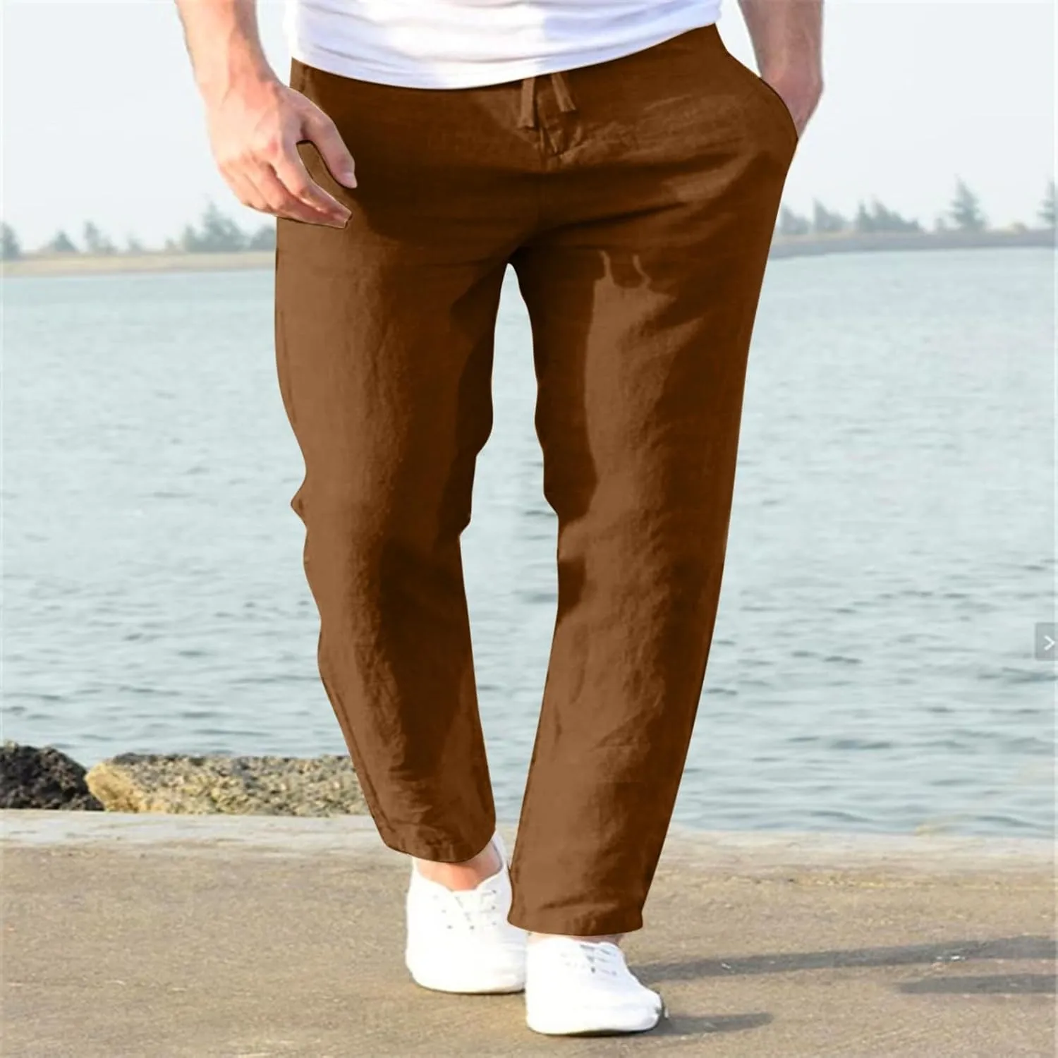 Men's Slim-Fit Slacks Drawstring Linen Pants Drawstring Linen Pants for Beach Yoga Workout Breathable Summer Pants