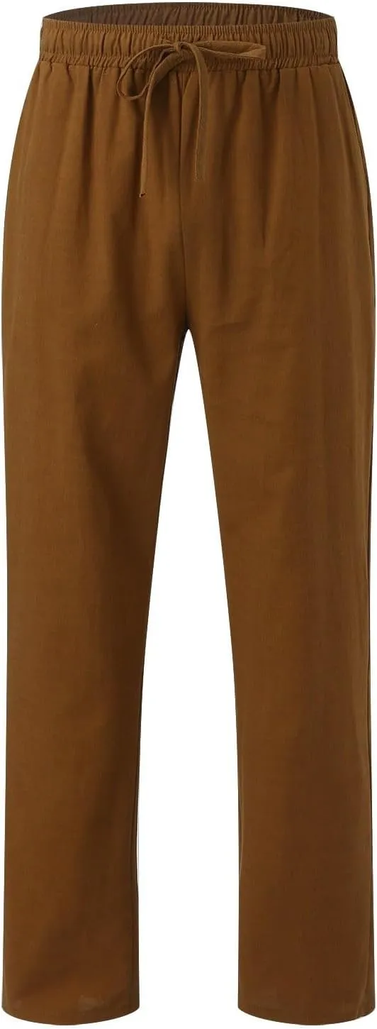 Men's Slim-Fit Slacks Drawstring Linen Pants Drawstring Linen Pants for Beach Yoga Workout Breathable Summer Pants