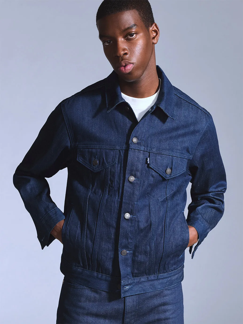 Men's Solid Dark Blue Trucker Jacket