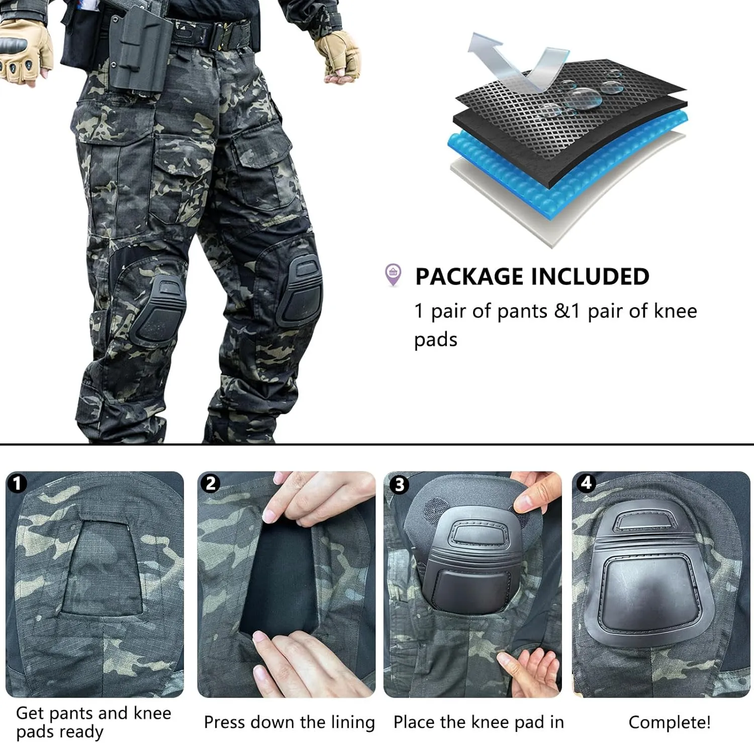Mens Tactical Pants with Knee Pads Camo Cargo Pants Waterproof Hiking Pants 10 Pockets No Belt
