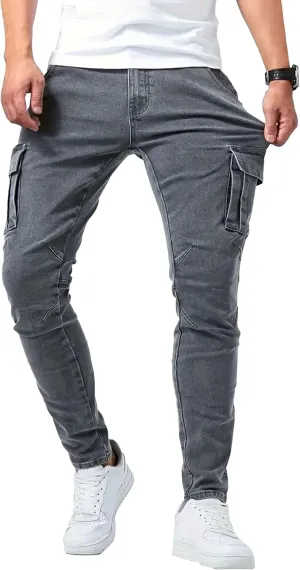 Men's Tapered Leg Cargo Jogger Jeans Slim Fit Stretch Skinny Biker Jeans Casual Fashion Hip Hop Denim Pants