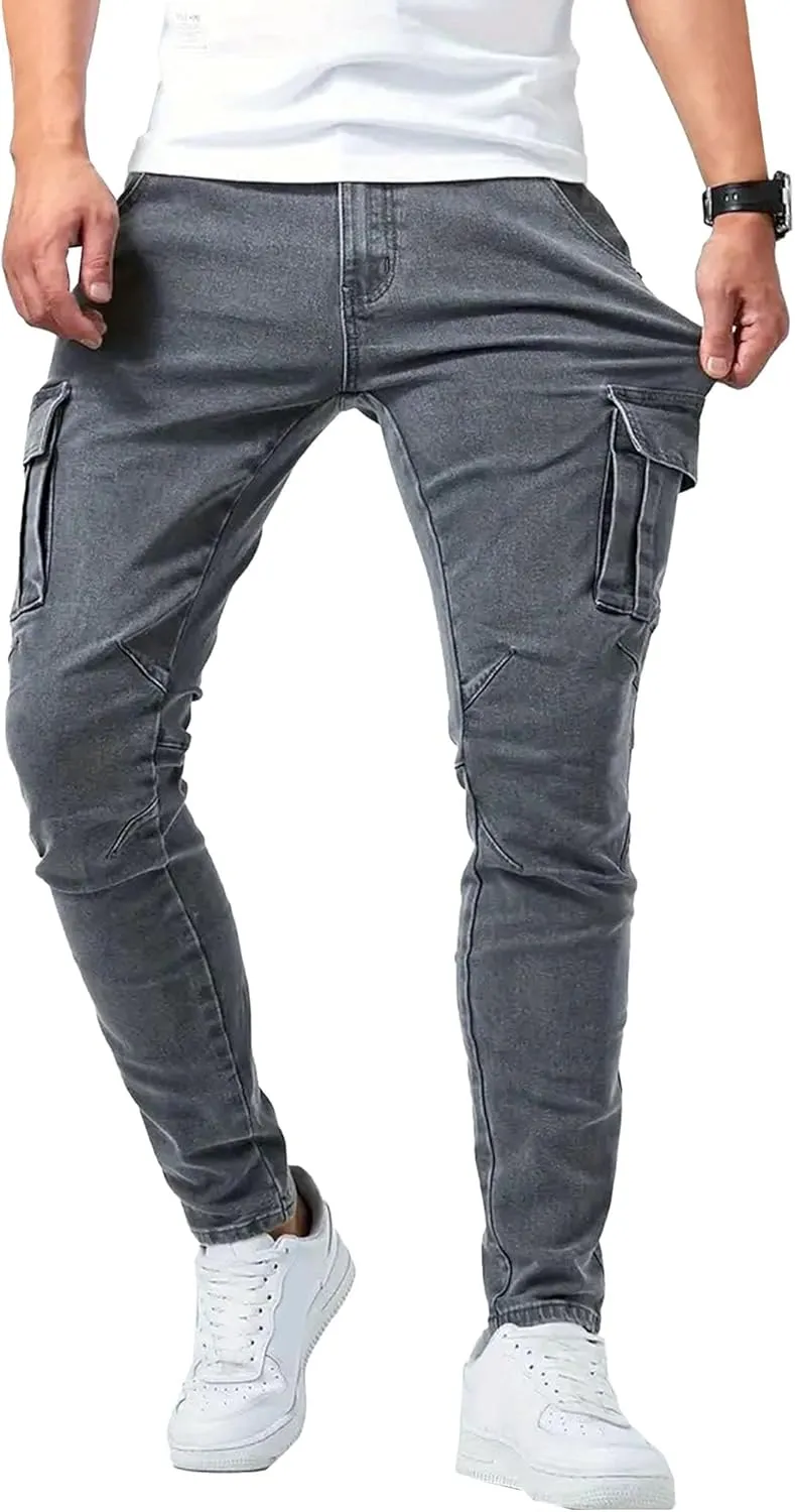 Men's Tapered Leg Cargo Jogger Jeans Slim Fit Stretch Skinny Biker Jeans Casual Fashion Hip Hop Denim Pants