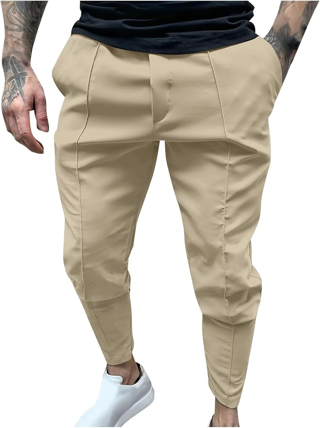 Men's Twill Jogger Pants Elastic Waist Drawstring Chino Pants Slim Fit Casual Dress Trousers with Pockets