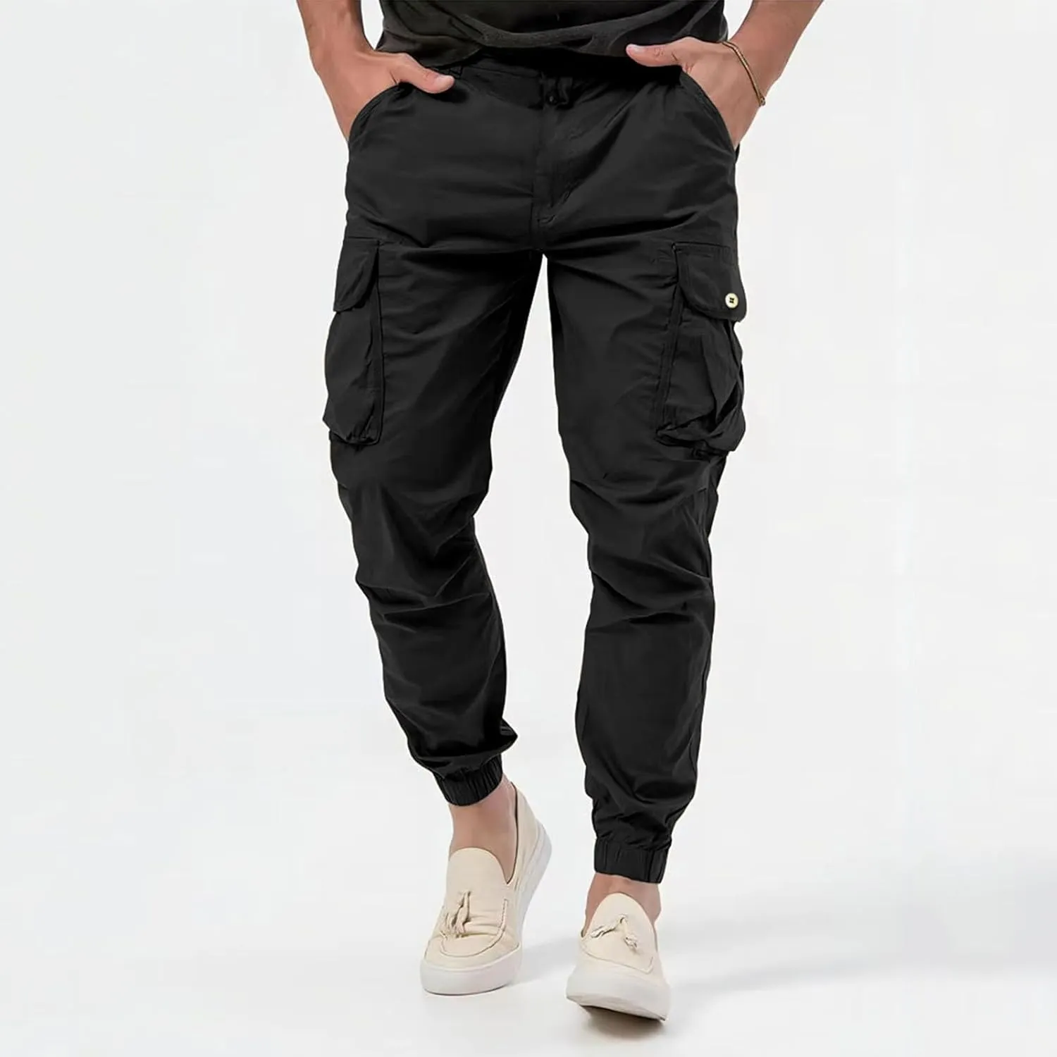 Mens Zip Joggers Pants Mens Fashion Casual Loose Cotton Plus Size Pocket Elastic Waist Pants Trousers Stretch