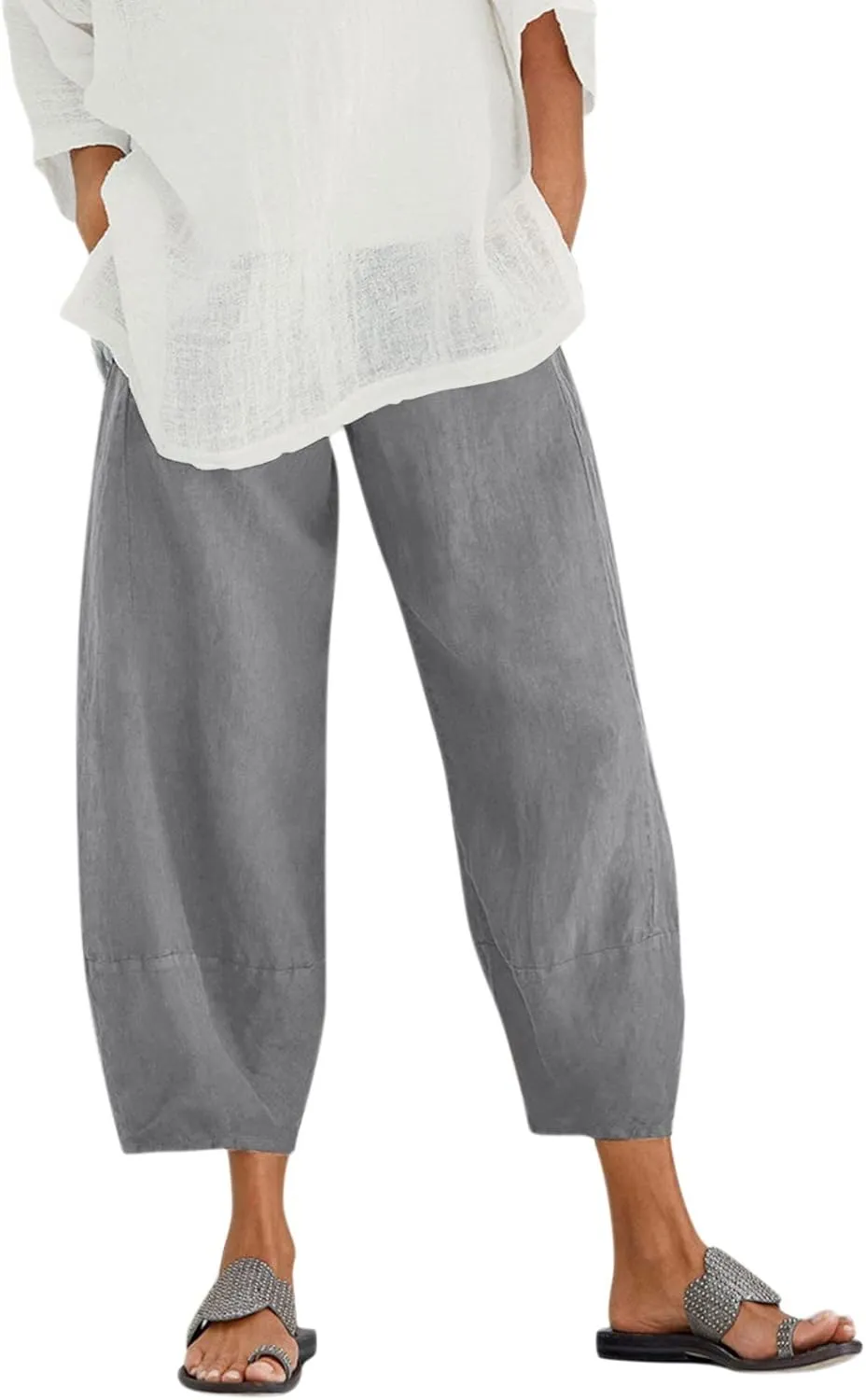 Meymia Womens Cotton Linen Pants High Rise Comfy Dandelion Boho Map Printed Pant Smocked Stretch Loose Fit Cropped Trousers 2023 Summer Spring Birthday Back to School Graduation Season Mother's Day