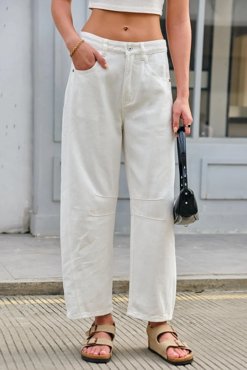 Mid Rise Barrel Jeans for Women Wide Leg Mid Waist Cropped Denim Pants Y2k Baggy Boyfriend Jeans with Pockets
