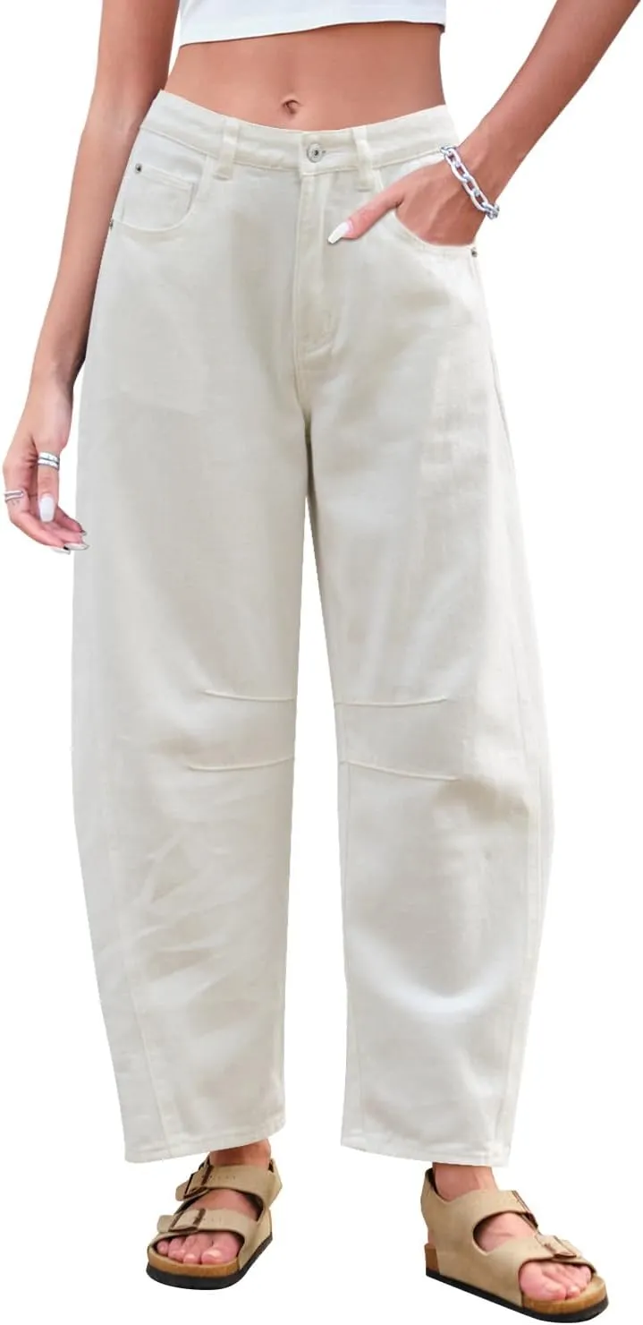 Mid Rise Barrel Jeans for Women Wide Leg Mid Waist Cropped Denim Pants Y2k Baggy Boyfriend Jeans with Pockets
