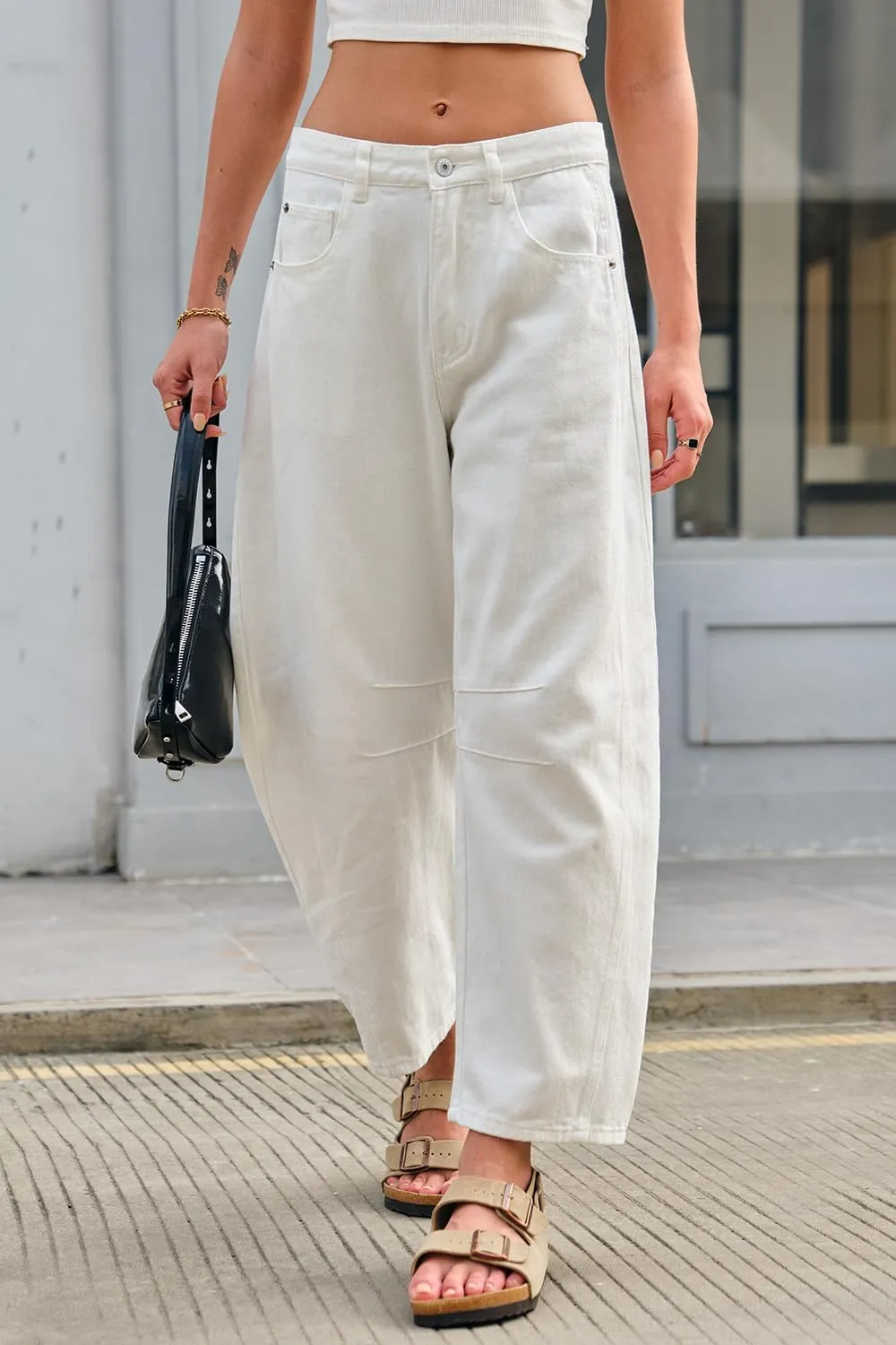 Mid Rise Barrel Jeans for Women Wide Leg Mid Waist Cropped Denim Pants Y2k Baggy Boyfriend Jeans with Pockets