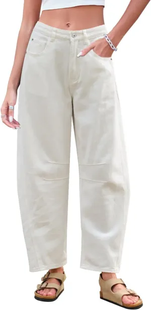 Mid Rise Barrel Jeans for Women Wide Leg Mid Waist Cropped Denim Pants Y2k Baggy Boyfriend Jeans with Pockets