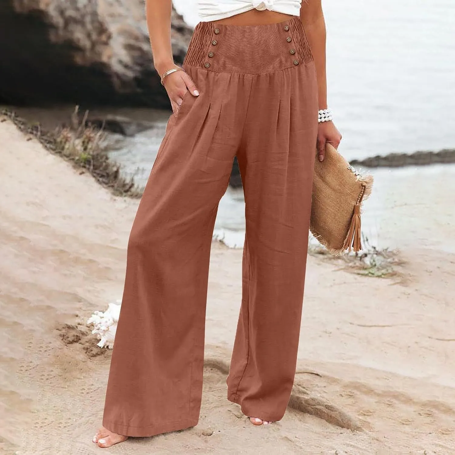 Palazzo Pants For Women Casual Plus Size Trouser Summer Boho Wide Leg Smocked High Waist Casual Loose Lounge Pants