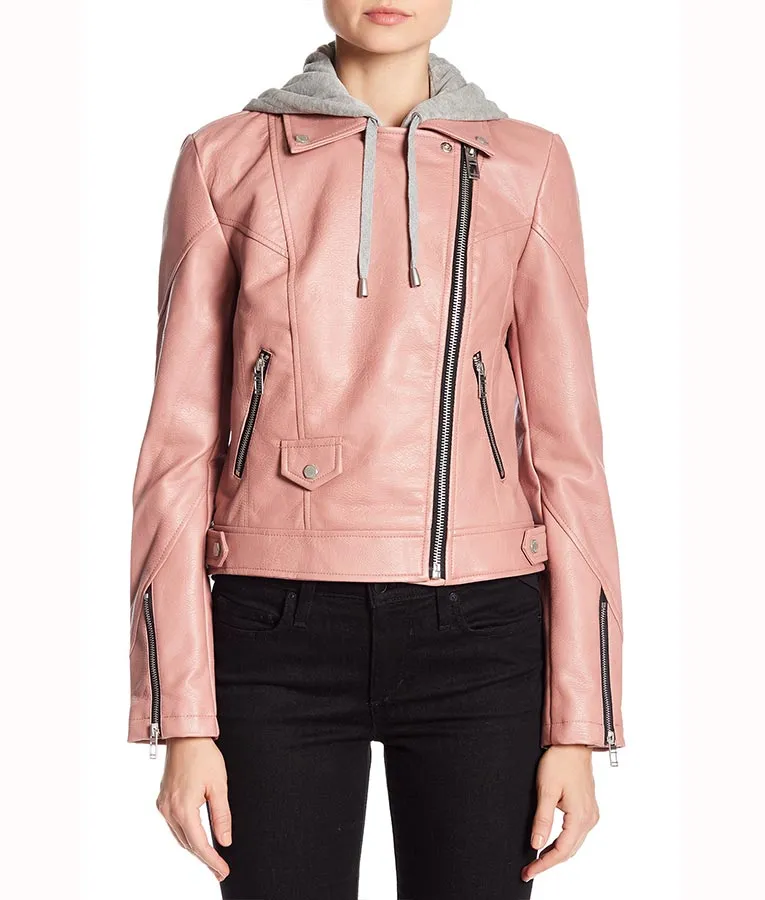 Pink Women’s Hooded Real Leather Jacket