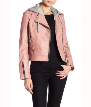 Pink Women’s Hooded Real Leather Jacket