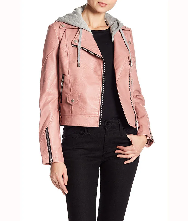 Pink Women’s Hooded Real Leather Jacket