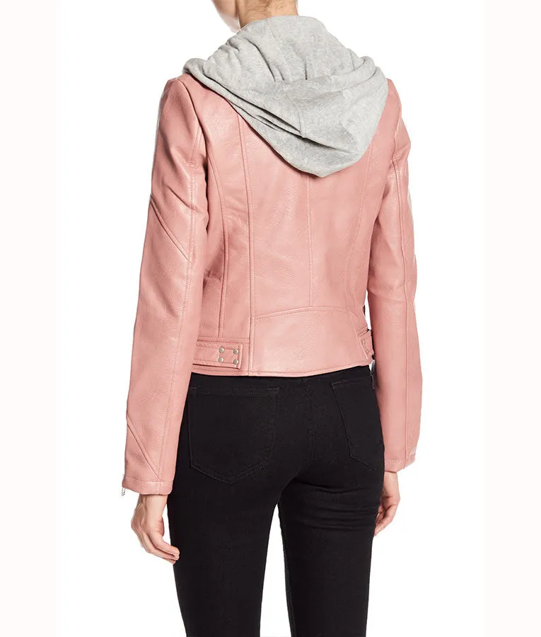 Pink Women’s Hooded Real Leather Jacket