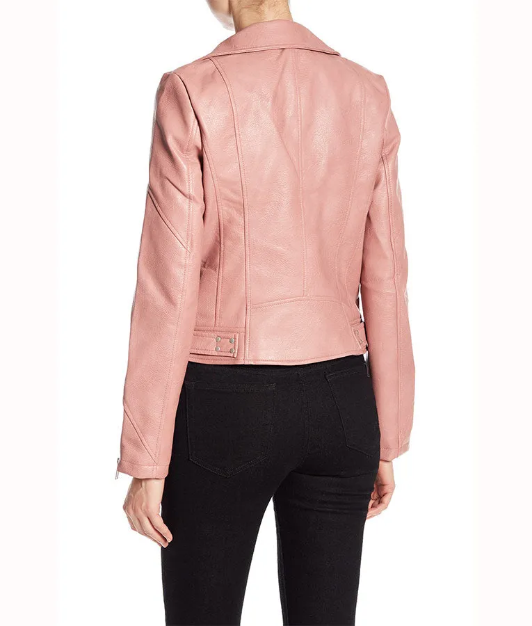 Pink Women’s Hooded Real Leather Jacket