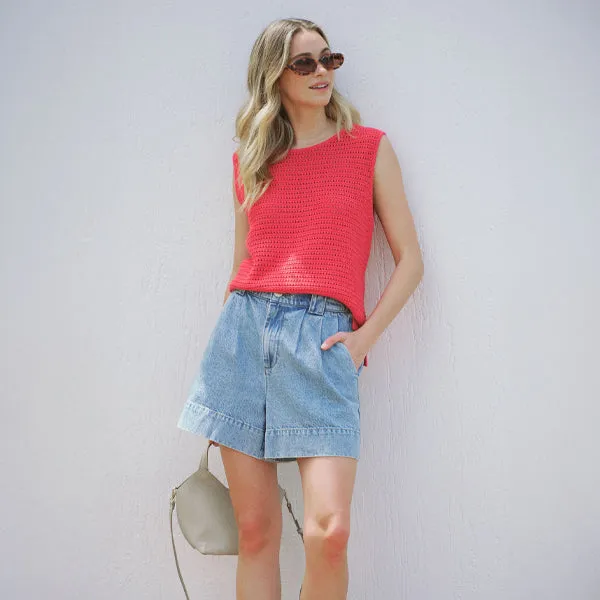 Pleat Front Short - Vintage Blue Denim