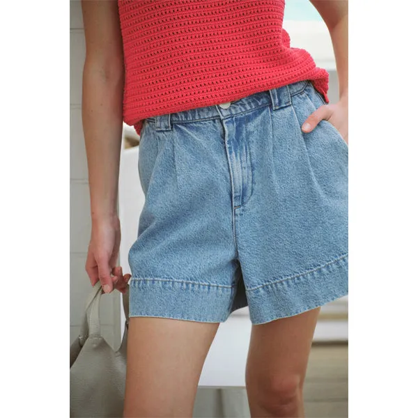 Pleat Front Short - Vintage Blue Denim