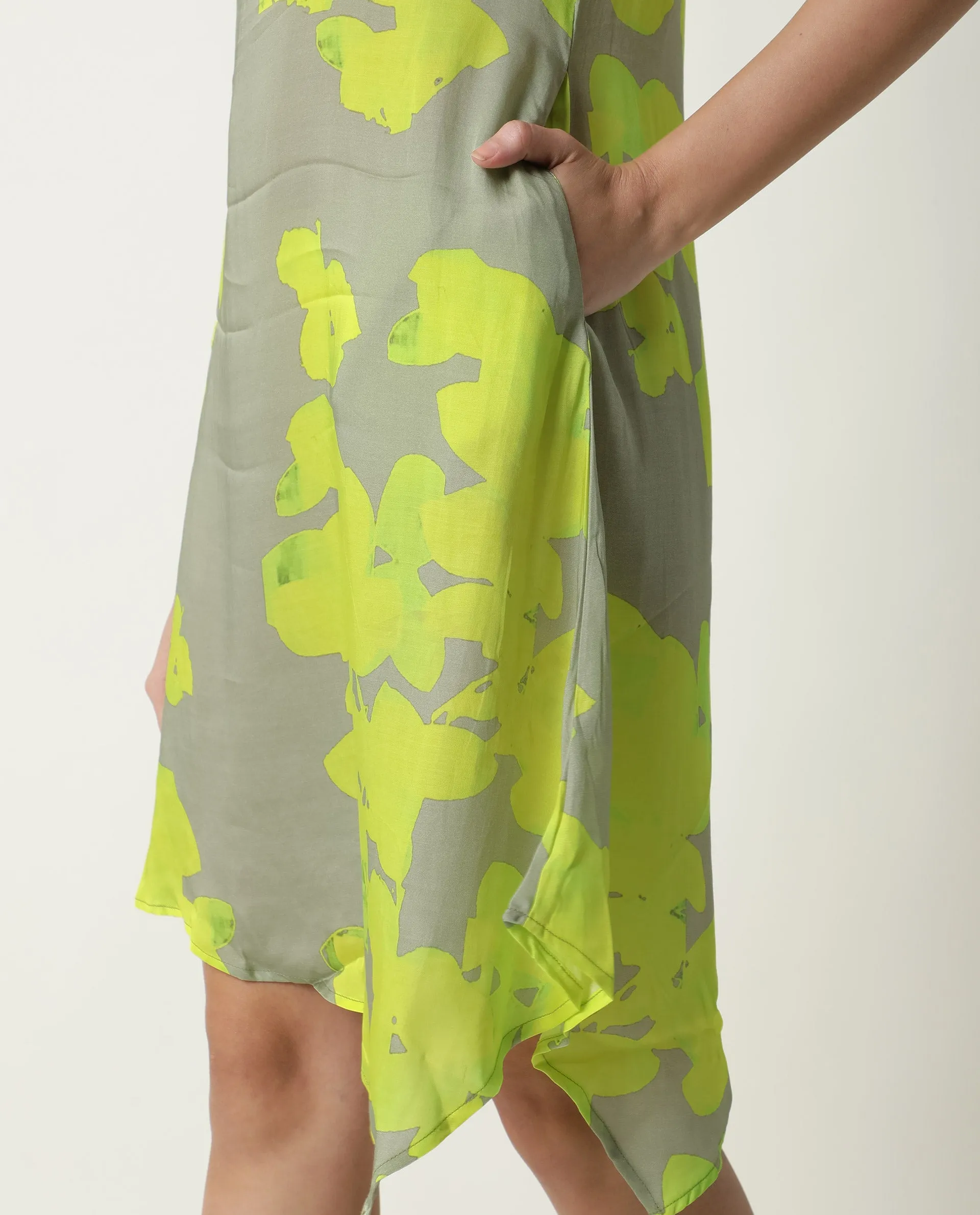 Rareism Women Sprite Yellow Floral Print Band Neck Short Sleeves With Pockets Asymmetric Hem Knee Length Dress