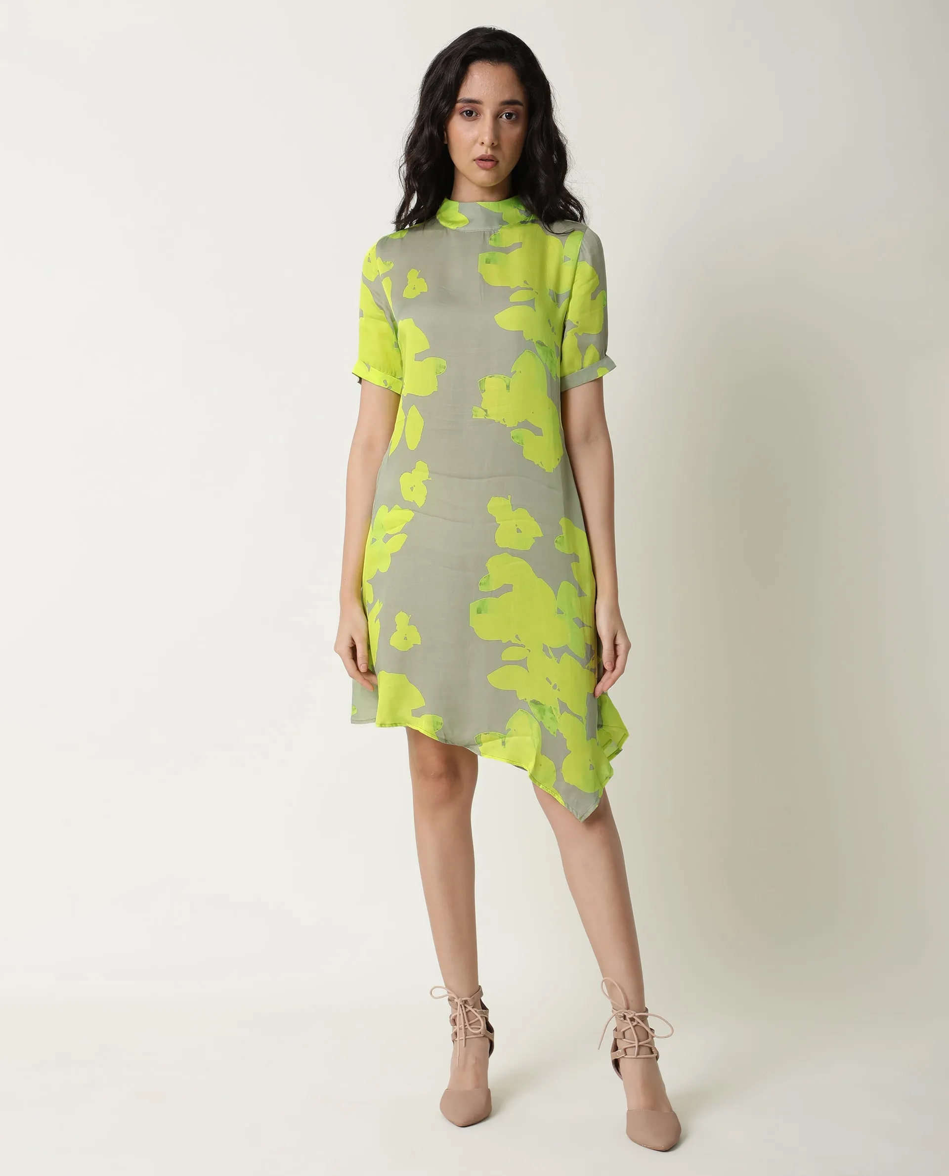 Rareism Women Sprite Yellow Floral Print Band Neck Short Sleeves With Pockets Asymmetric Hem Knee Length Dress