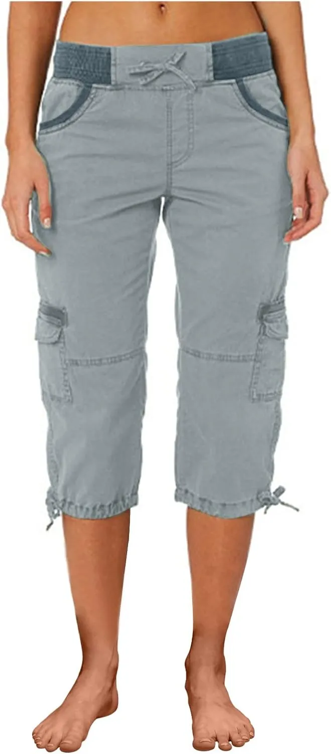 RKSTN Summer Capri Pants for Women Casual Cargo Pant Elastic Waist Cropped Trouser Pants with Pockets Plain Capris