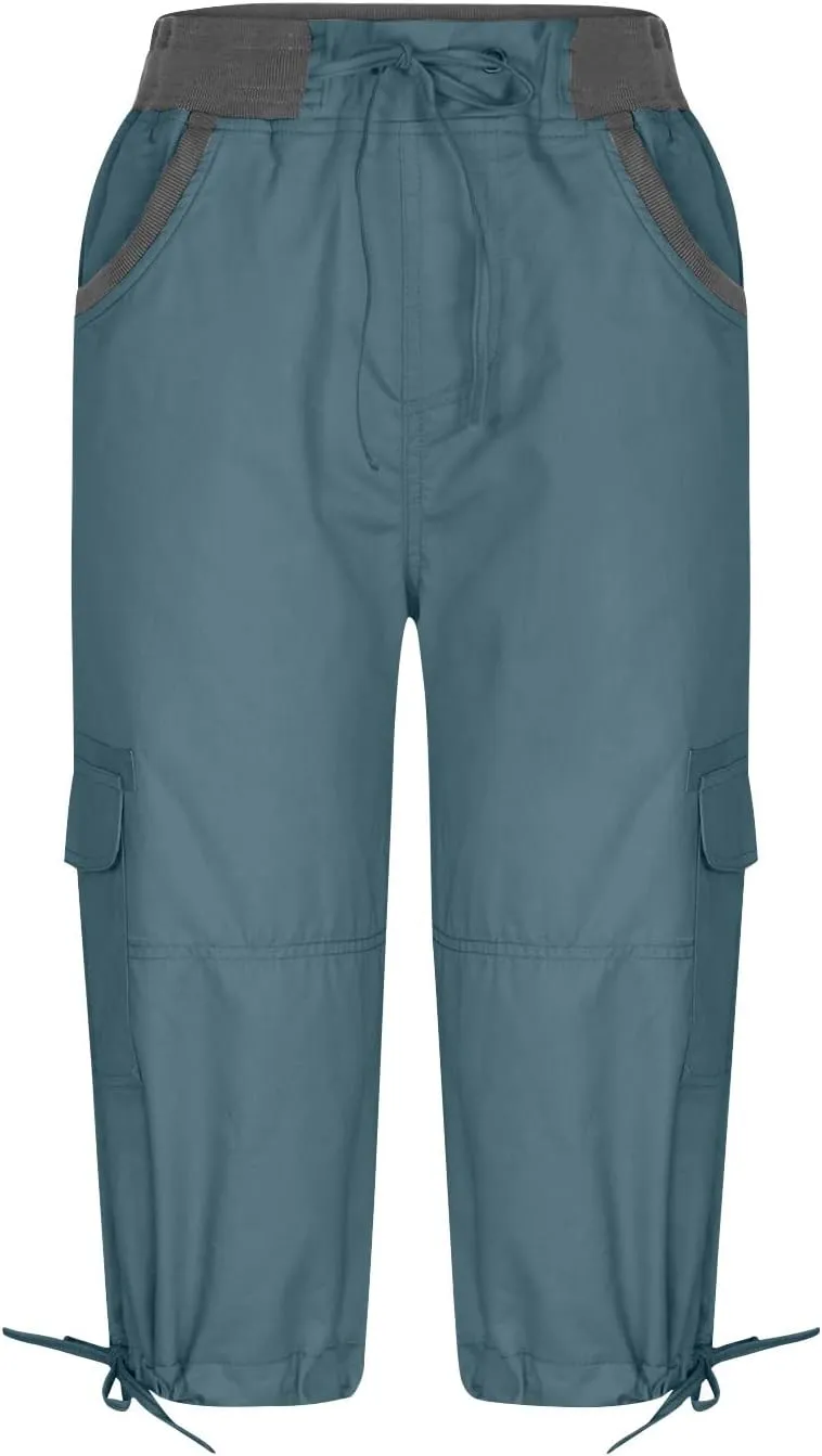 RKSTN Summer Capri Pants for Women Casual Cargo Pant Elastic Waist Cropped Trouser Pants with Pockets Plain Capris