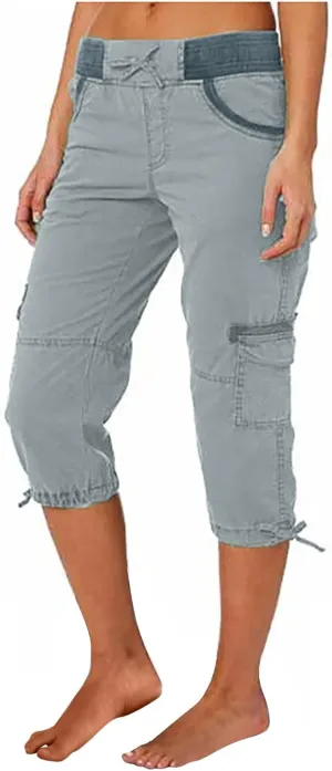 RKSTN Summer Capri Pants for Women Casual Cargo Pant Elastic Waist Cropped Trouser Pants with Pockets Plain Capris