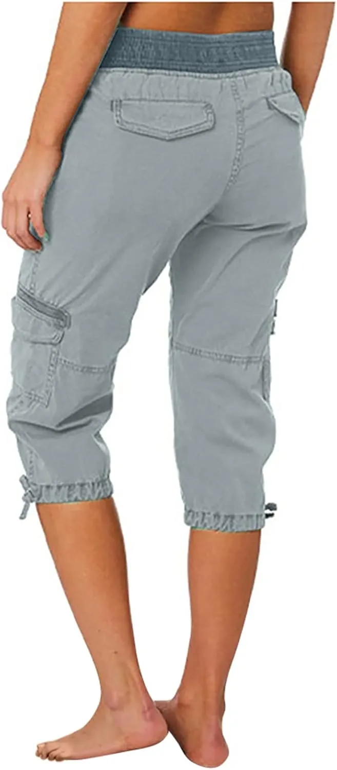 RKSTN Summer Capri Pants for Women Casual Cargo Pant Elastic Waist Cropped Trouser Pants with Pockets Plain Capris