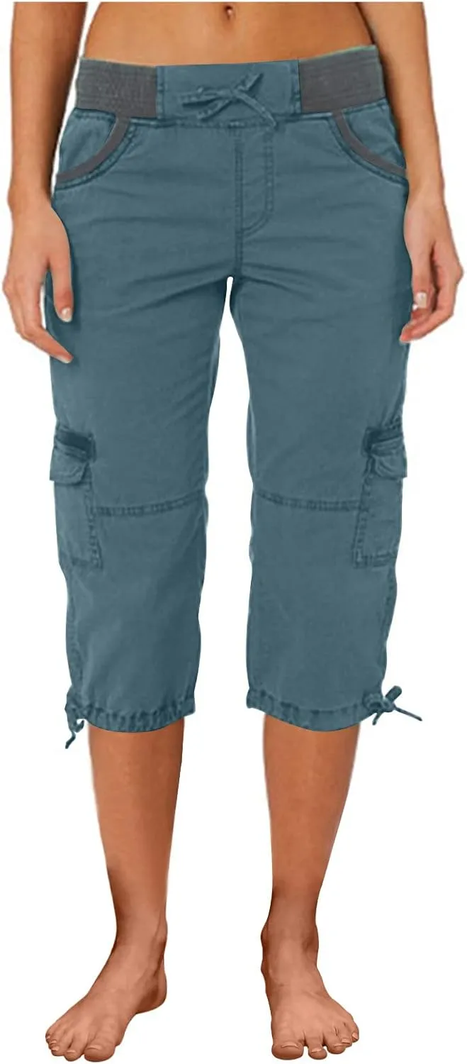RKSTN Summer Capri Pants for Women Casual Cargo Pant Elastic Waist Cropped Trouser Pants with Pockets Plain Capris