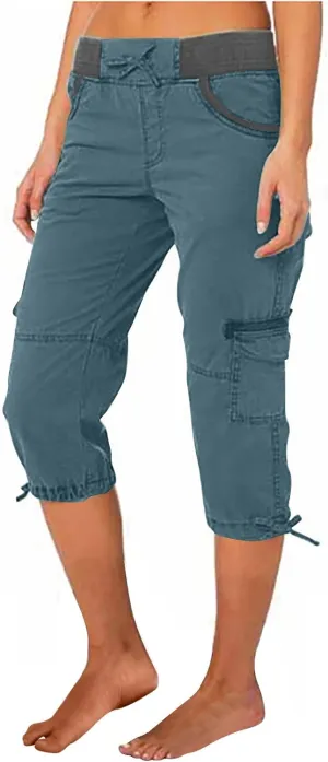 RKSTN Summer Capri Pants for Women Casual Cargo Pant Elastic Waist Cropped Trouser Pants with Pockets Plain Capris