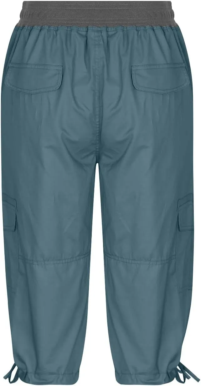 RKSTN Summer Capri Pants for Women Casual Cargo Pant Elastic Waist Cropped Trouser Pants with Pockets Plain Capris