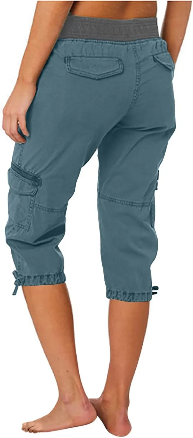 RKSTN Summer Capri Pants for Women Casual Cargo Pant Elastic Waist Cropped Trouser Pants with Pockets Plain Capris
