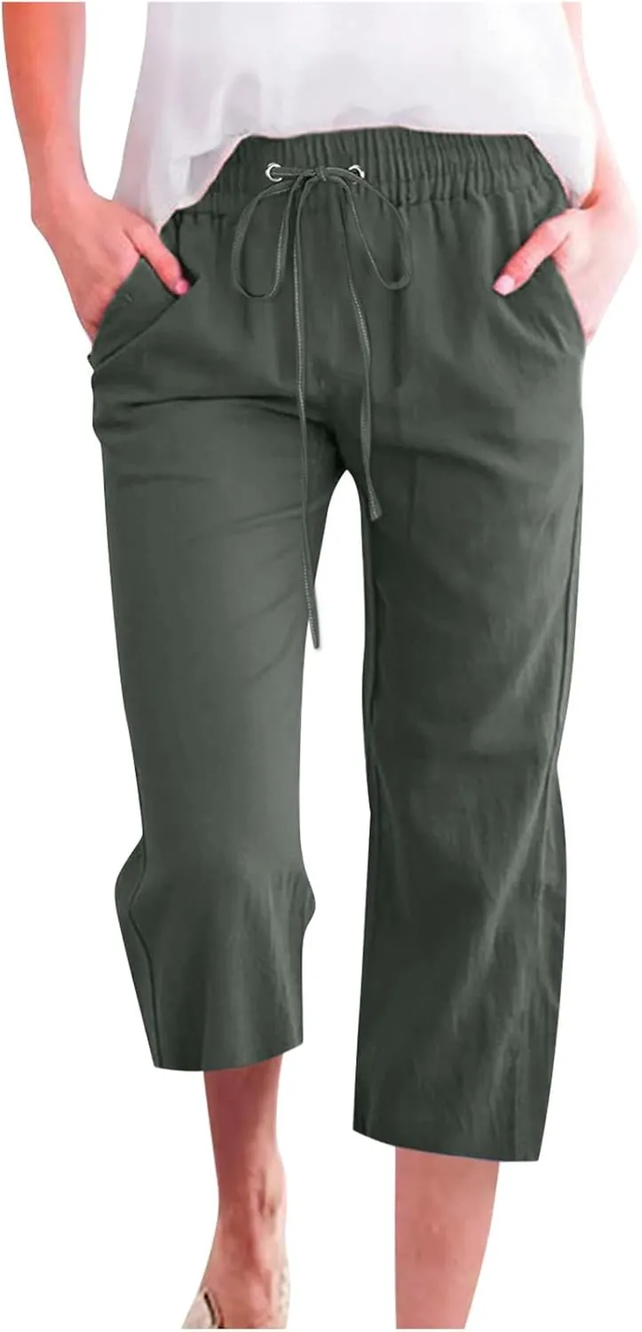 RKSTN Summer Capri Pants for Women Casual Cotton Linen Pants Straight Leg Vacation Beach Crop Pant with Pockets